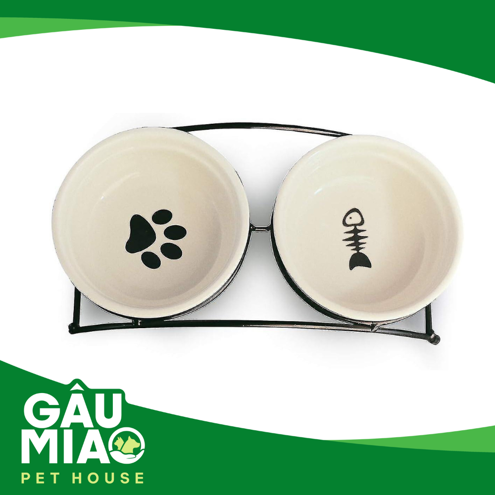 Combo chén sứ đựng thức ăn+nước hình xương có giá đở 12.5*5cm LWS-5330