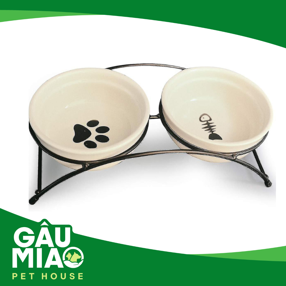 Combo chén sứ đựng thức ăn+nước hình xương có giá đở 12.5*5cm LWS-5330