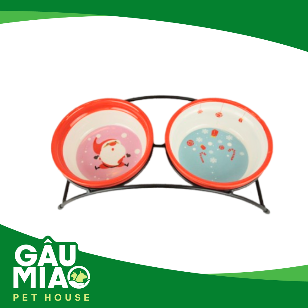 Combo chén sứ đựng thức ăn+nước hình Noel có giá đở 12.5*5cm LWS165023