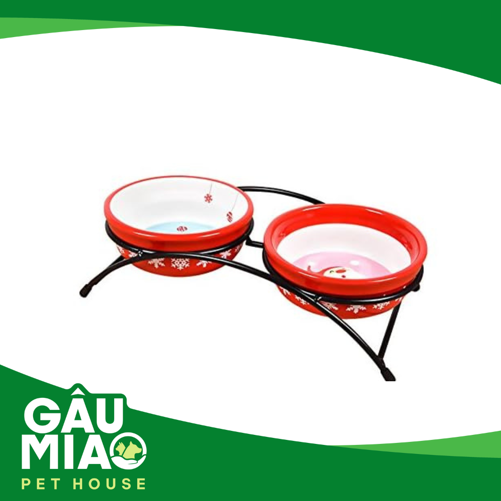 Combo chén sứ đựng thức ăn+nước hình Noel có giá đở 12.5*5cm LWS165023