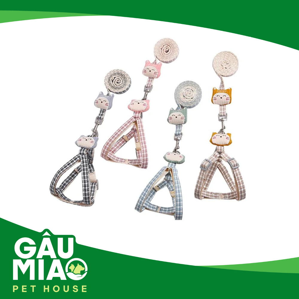Bộ dây dắt + yếm caro hình mặt mèo