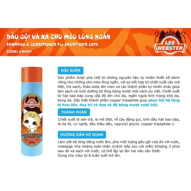 Lee&Webster Dầu gội và xả mèo lông ngắn 280g