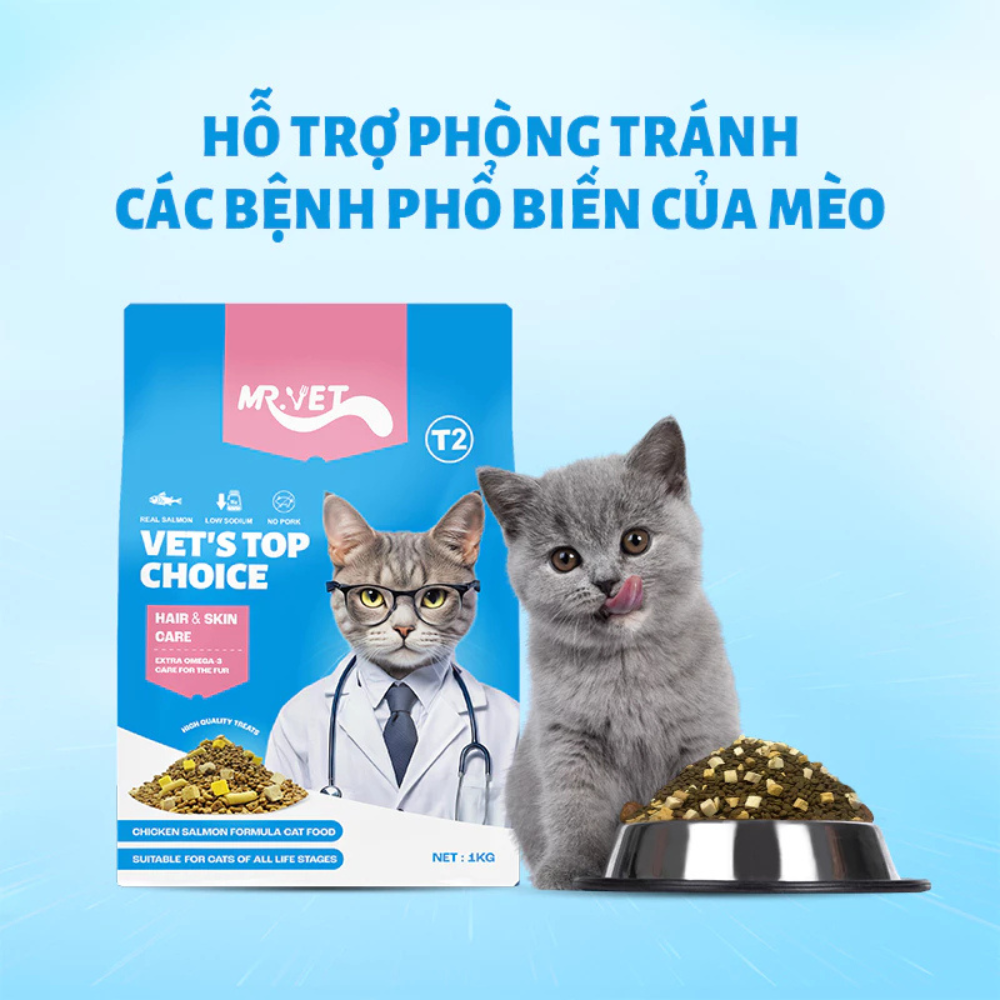 Mr.Vet T2-Thức ăn hạt cho mèo-Gà, cá hồi-1kg