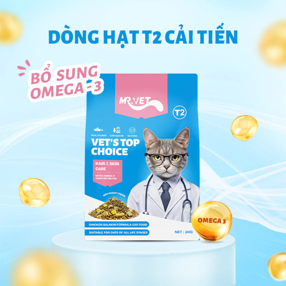 Mr.Vet T2-Thức ăn hạt cho mèo-Gà, cá hồi-1kg