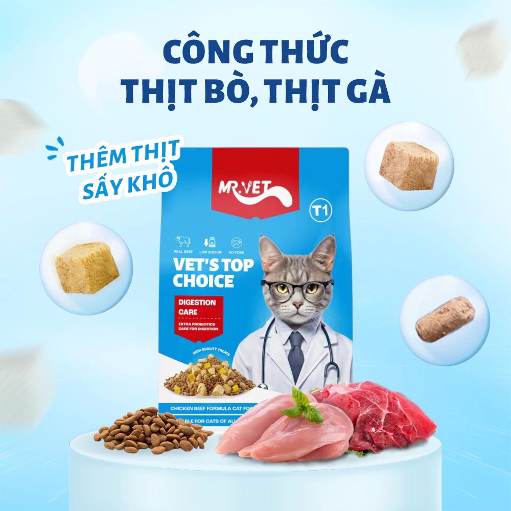 Mr.Vet T1-Thức ăn hạt cho mèo-Thịt gà, thịt bò-1kg
