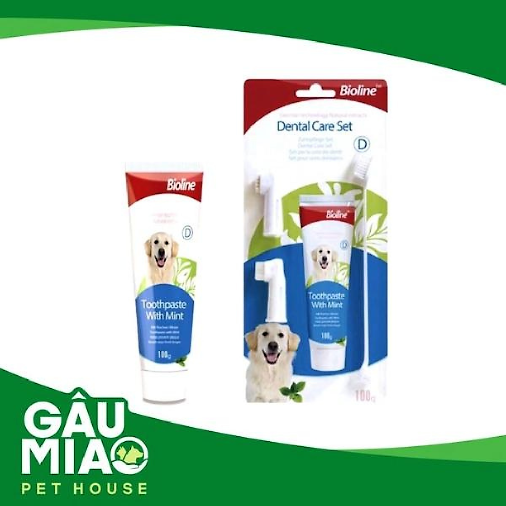 Bioline Bộ kem, bàn chải chăm sóc răng chó 100g