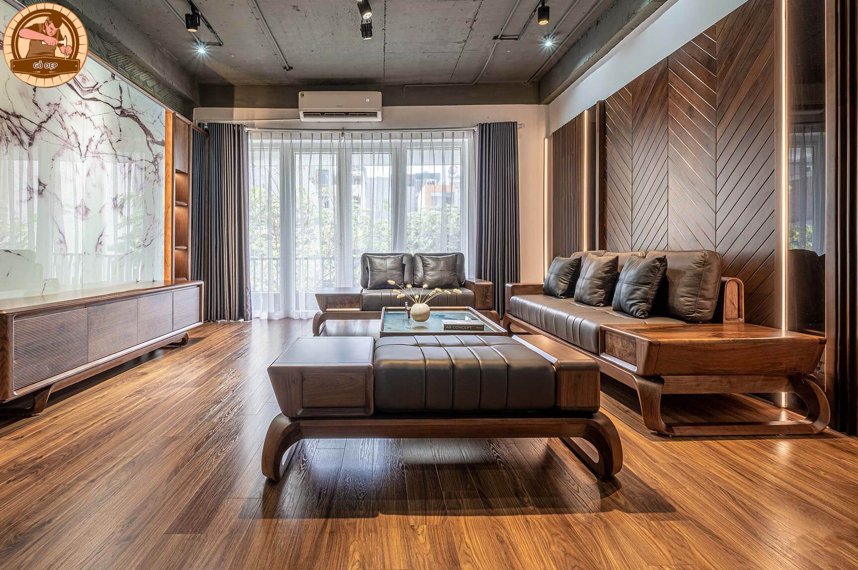 Mẫu bàn ghế gỗ óc chó  phòng khách chung cư đẹp