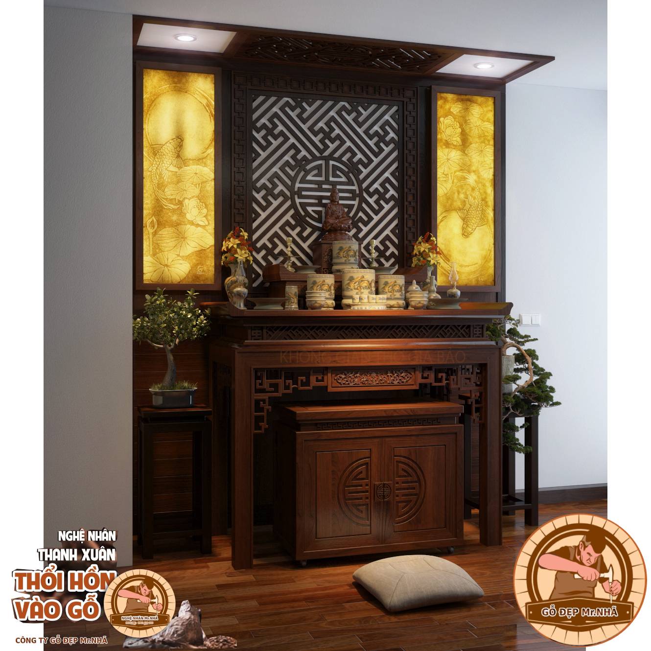 Mẫu bàn thờ kết hợp cùng tranh trúc chỉ