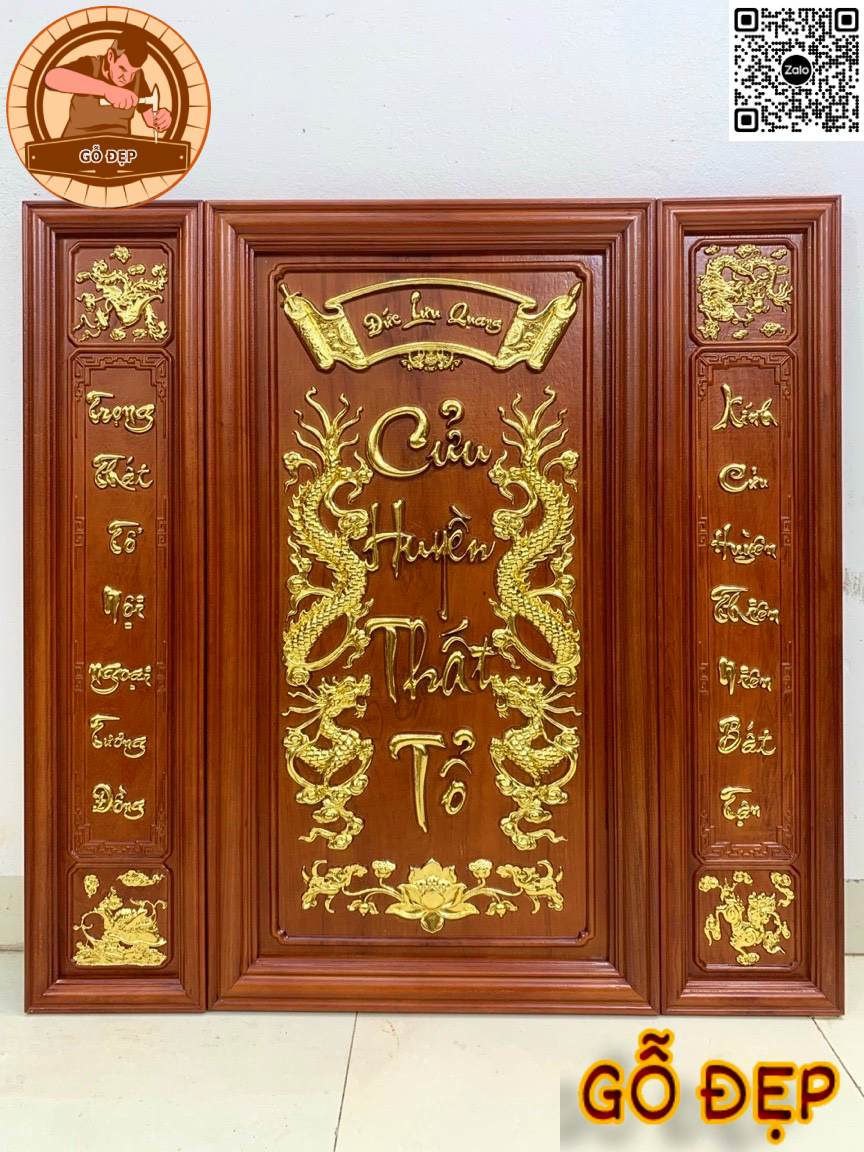 Bức tranh Cửu Huyền Thất Tổ dát vàng chất liệu gỗ Hương đỏ