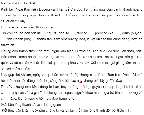 Văn khấn ngày rằm tháng 7 cúng thần linh tại gia