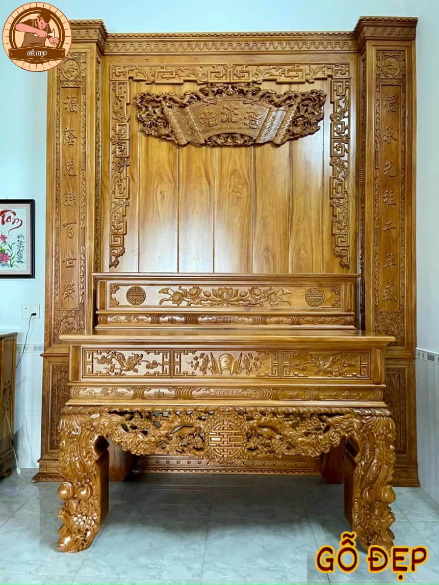 Sập Thờ 2 cấp Gỗ Gõ Mẫu Tùng Cúc Trúc Mai