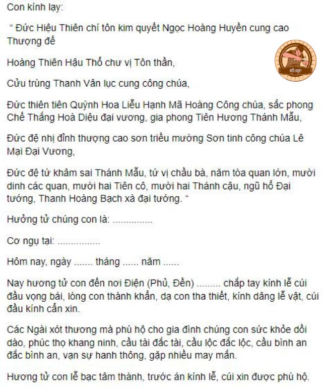 Nội dung bài văn khấn Mẫu chuẩn nhất