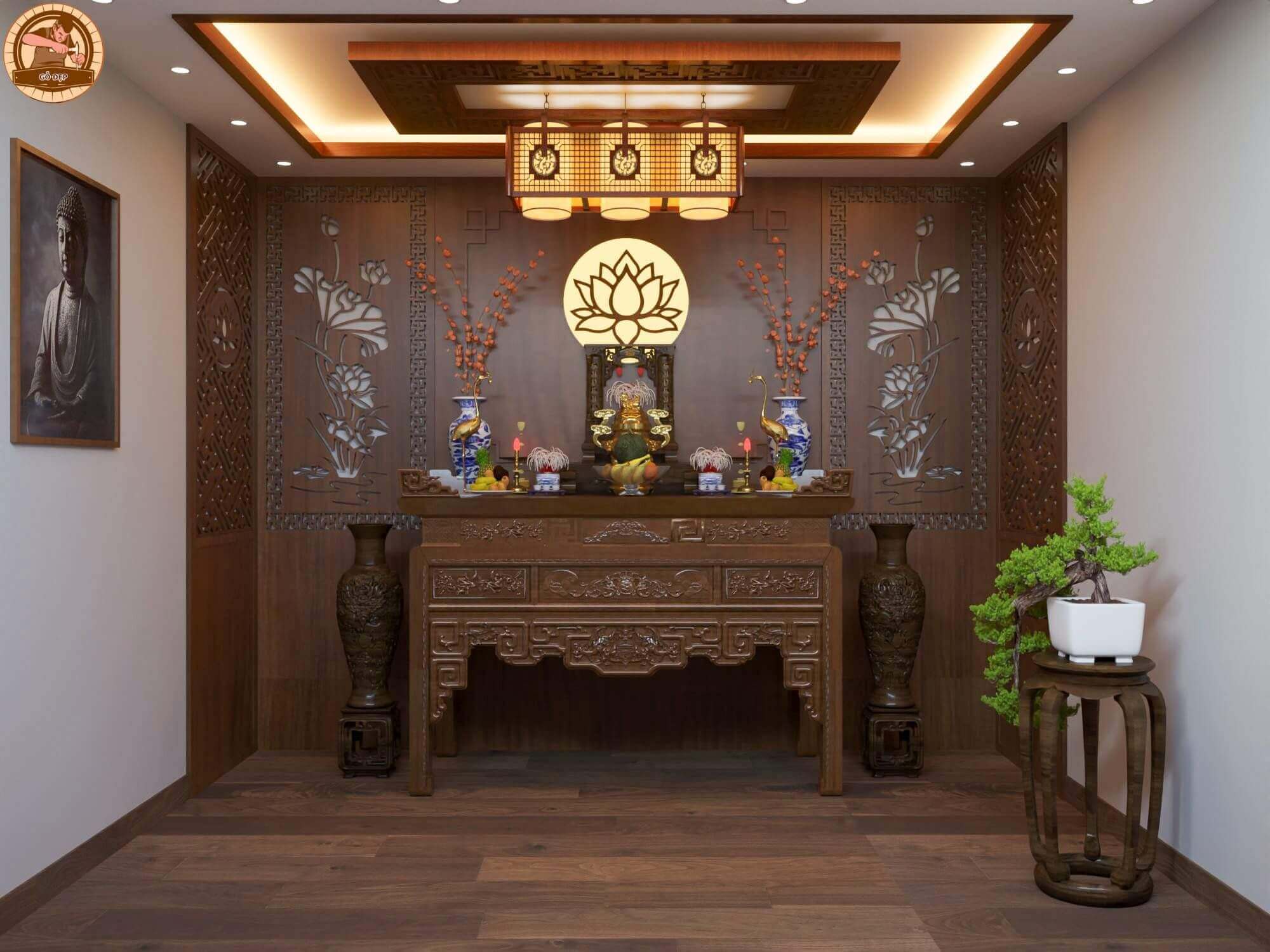 Không gian phòng thờ Phật được thiết kế tỉ mỉ sang trọng