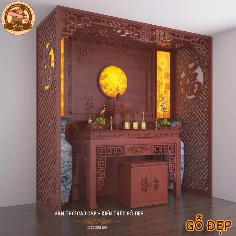 Vách ngăn gỗ gõ tự nhiên tạo không gian thờ sang trọng 
