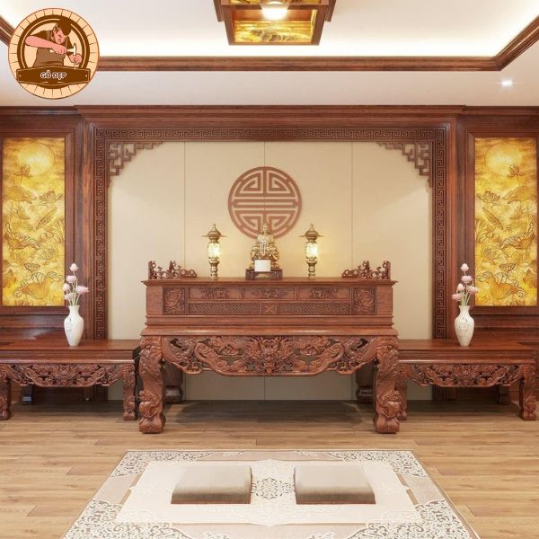 Mẫu phòng thờ, sập thờ gỗ óc chó cao cấp