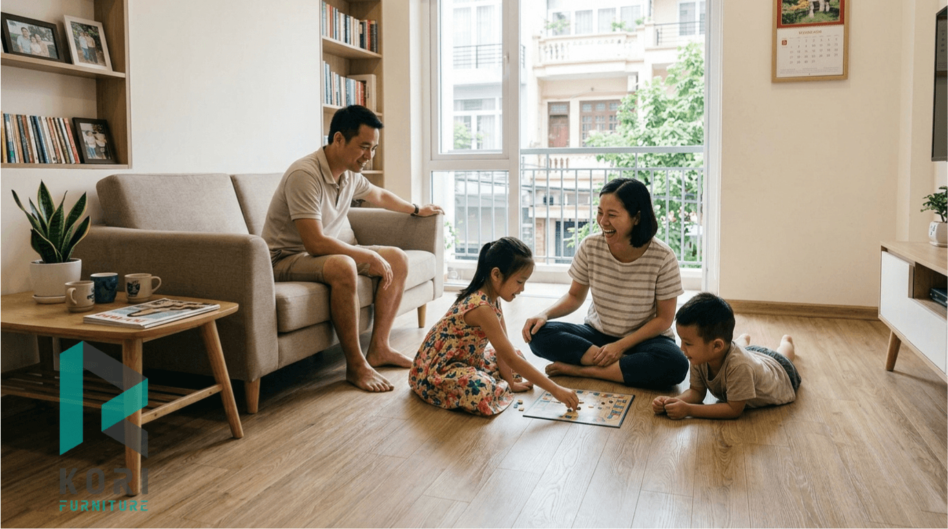 Hình ảnh sàn gỗ công nghiệp hoàn thiện cho gia đình