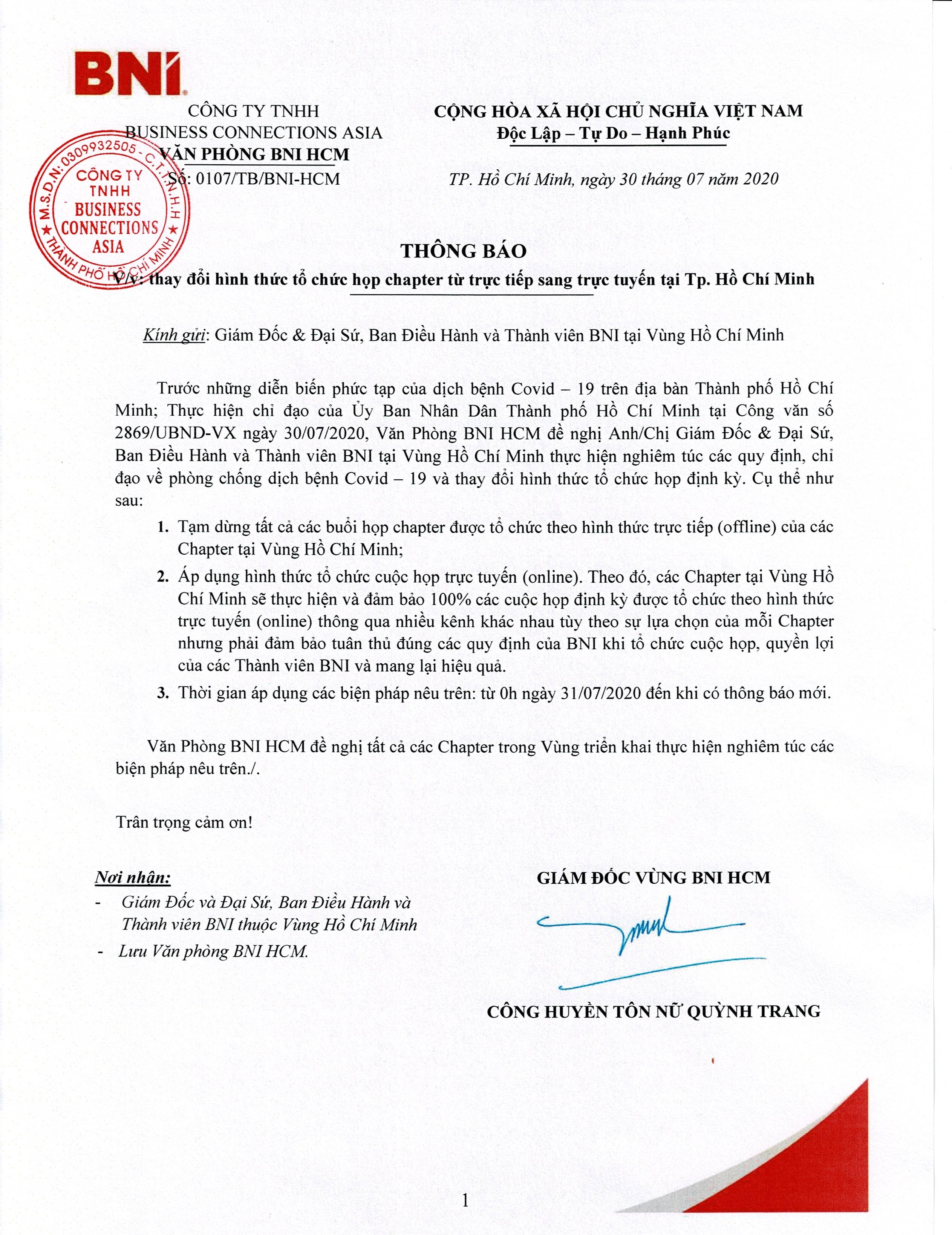 THÔNG BÁO V/v: thay đổi hình thức tổ chức họp chapter từ trực tiếp sang trực tuyến tại Tp. Hồ Chí Minh