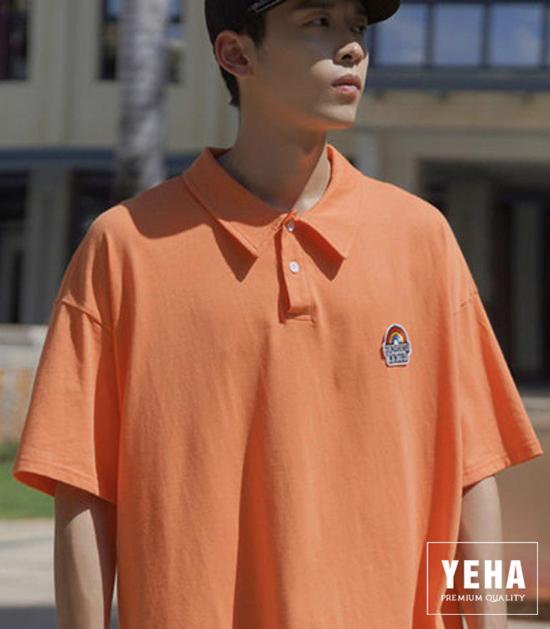 Áo thun polo freesize có cổ mẫu THÊU CẦU VỒNG màu cam