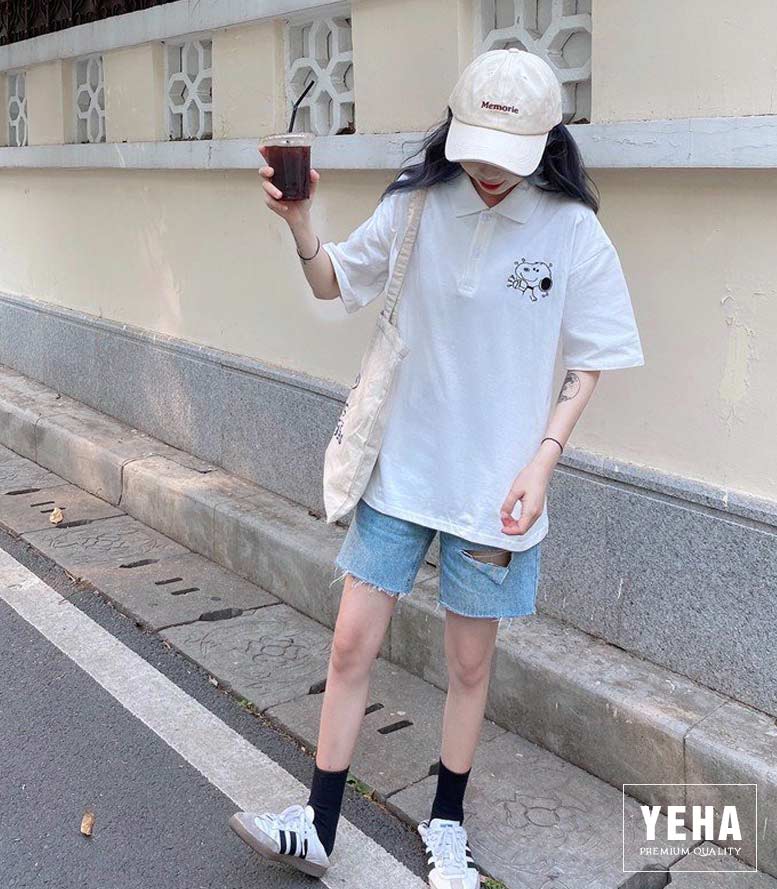 Áo thun polo có cổ mẫu THÊU CHÓ DỄ THƯƠNG màu trắng