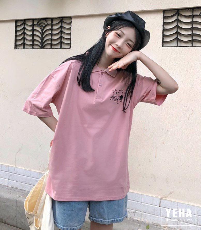 Áo thun polo có cổ mẫu THÊU CHÓ DỄ THƯƠNG màu hồng