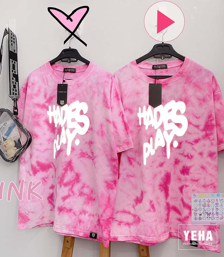 Áo tie dye phản quang tay lỡ mẫu HADES PLAY màu hồng.