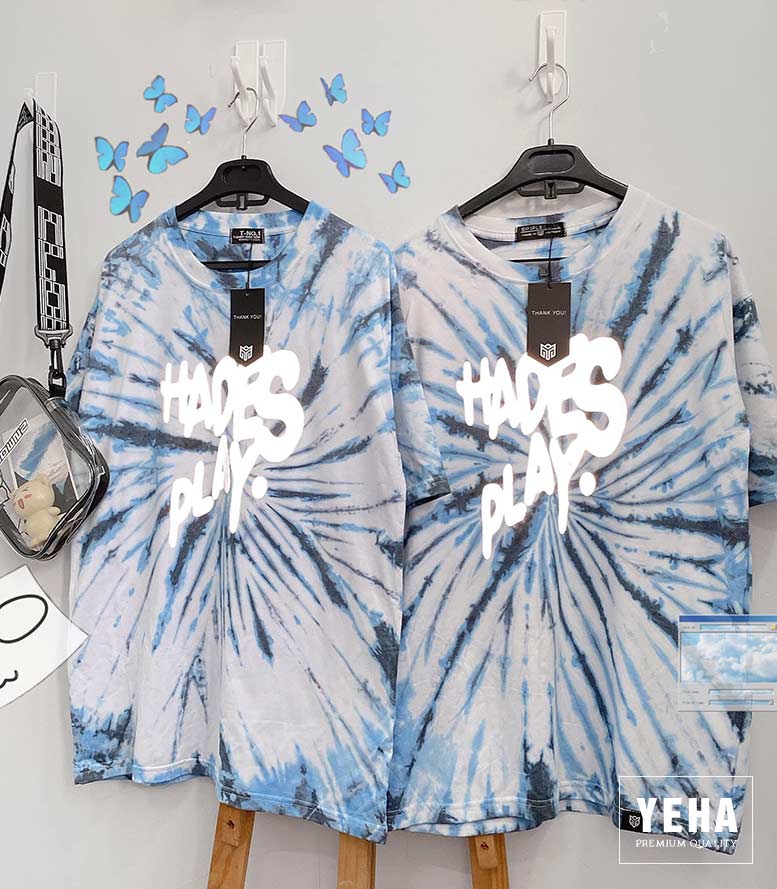 Áo tie dye phản quang tay lỡ mẫu HADES PLAY màu xanh dương - xám.