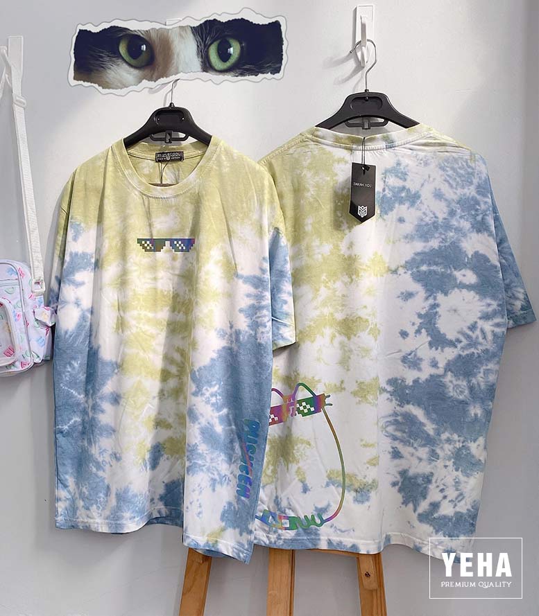 Áo tie dye phản quang tay lỡ form rộng MẪU MÈO PUSHEEN màu xanh