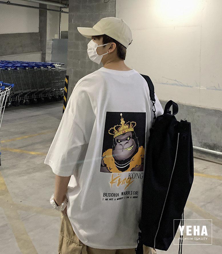 Áo thun unisex form rộng tay lỡ mẫu KING KONG màu trắng