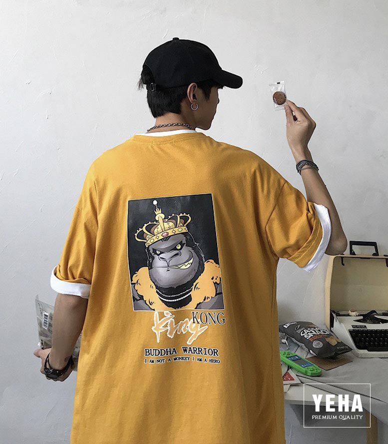 Áo thun unisex form rộng tay lỡ mẫu KING KONG màu vàng.