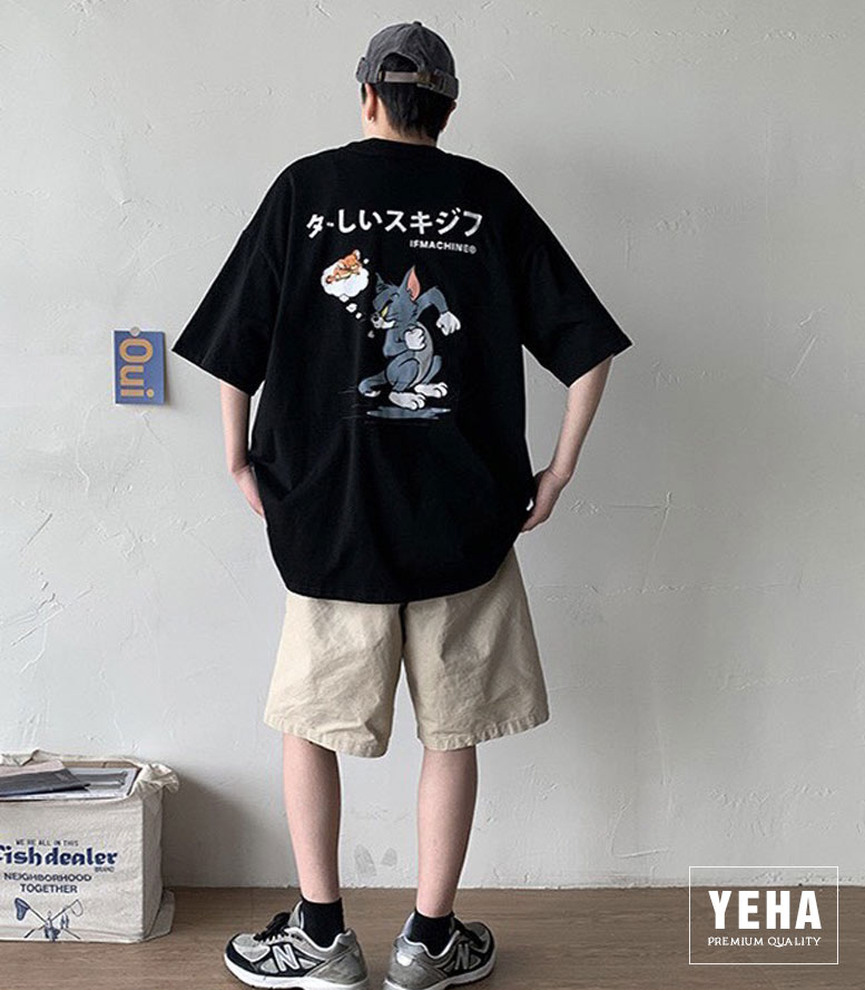 Áo thun unisex form rộng tay lỡ mẫu MÉO TOM LÁU CÁ màu đen