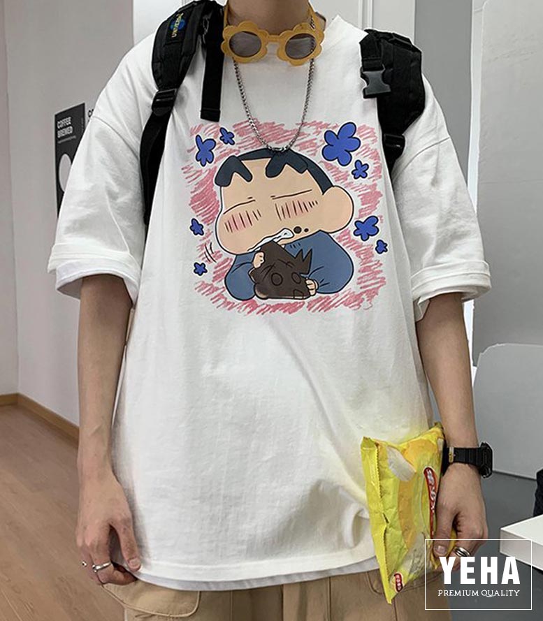 Áo thun unisex form rộng tay lỡ mẫu SHIN TINH NGHỊCH màu trắng