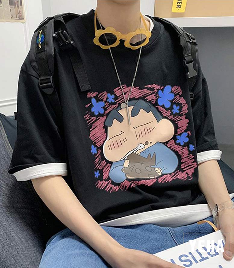 Áo thun unisex form rộng tay lỡ mẫu SHIN TINH NGHỊCH màu đen