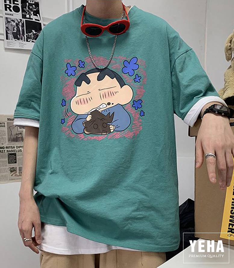 Áo thun unisex form rộng tay lỡ mẫu SHIN TINH NGHỊCH màu xanh đá