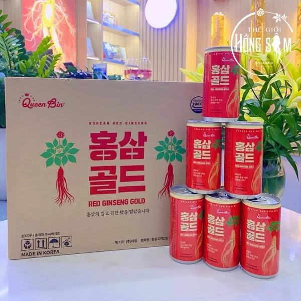 LON NƯỚC HỒNG SÂM QUEEN BIN MÀU ĐỎ NỔI BẬT VỚI LOGO VÀNG SANG TRỌNG