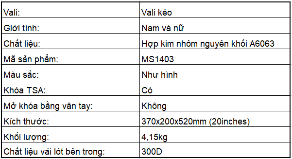 Vali hợp kim nhôm nguyên khối MS1403 Macsim cao cấp màu bạc 20 inches