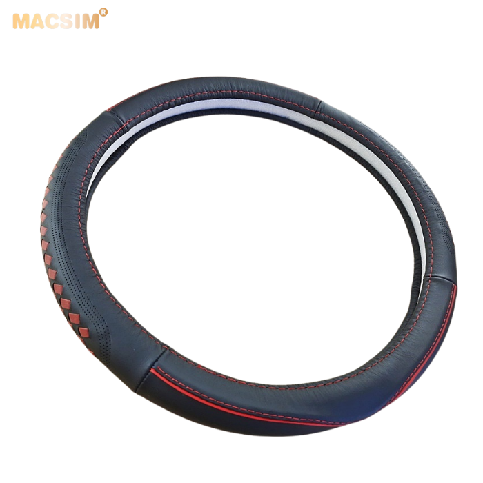 Bọc vô lăng cao cấp Honda  màu đen đan đỏ chất liệu da thật 100%, khâu tay thủ công size M phù hợp các loại xe - Nhãn hiệu Macsim mã 8477