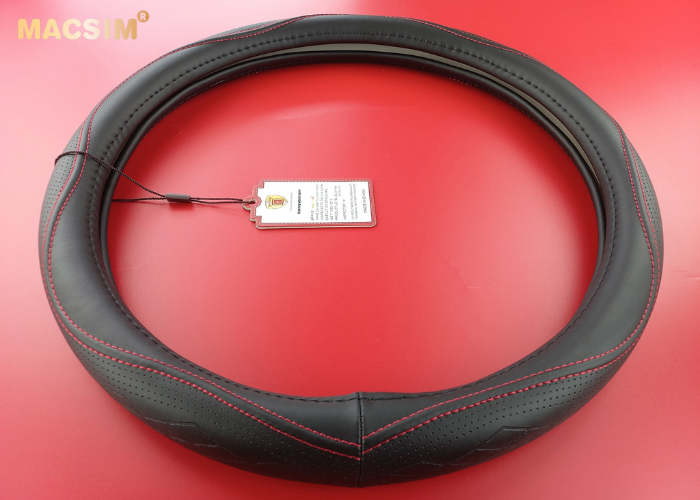 Bọc vô lăng cao cấp Macsim mã 8892 màu đen chỉ đỏ - chất liệu da thật - Khâu tay 100% size M phù hợp các loại xe