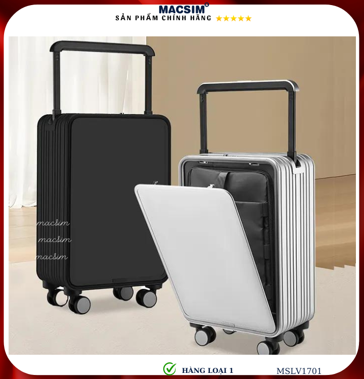 Vali hợp kim nhôm cao cấp Macsim MSLV1701cỡ 20 inches màu đen hàng loại 1