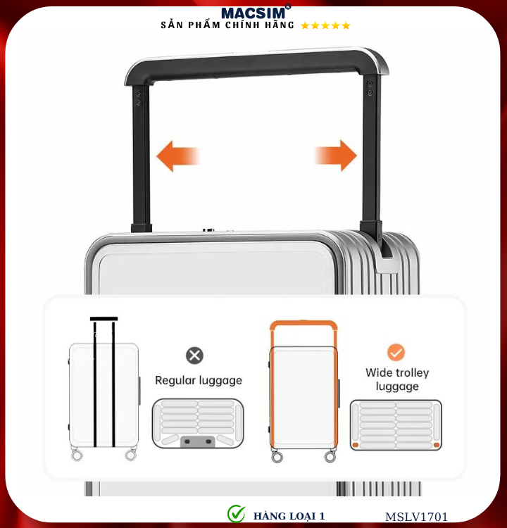 Vali hợp kim nhôm cao cấp Macsim MSLV1701cỡ 20 inches màu đen hàng loại 1