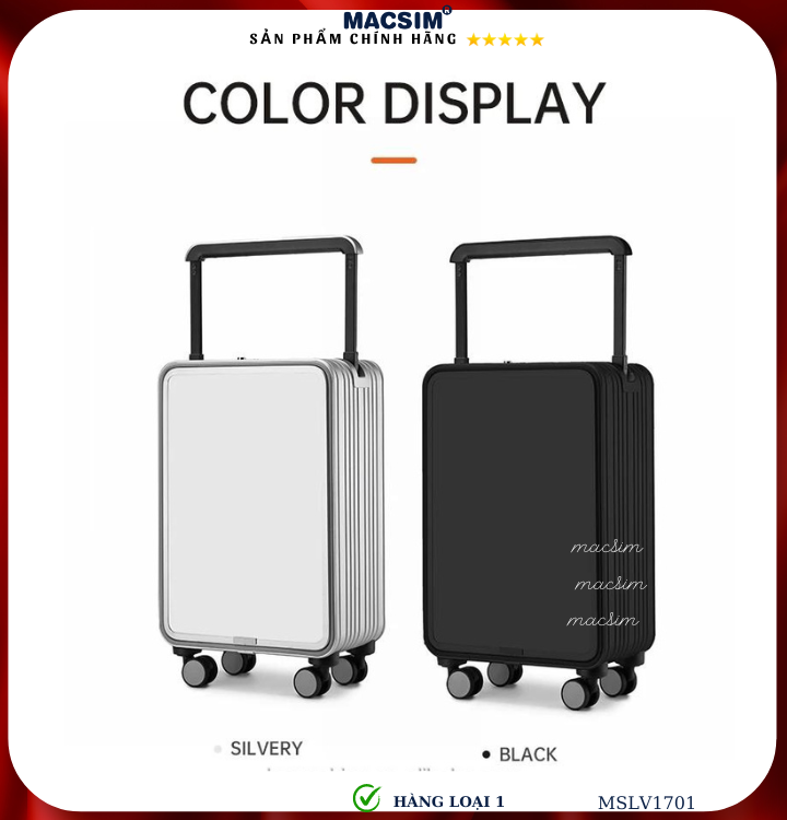 Vali hợp kim nhôm cao cấp Macsim MSLV1701cỡ 20 inches màu đen hàng loại 1
