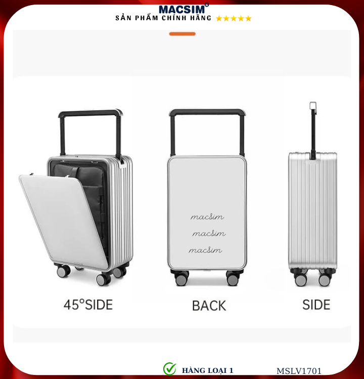 Vali hợp kim nhôm cao cấp Macsim MSLV1701cỡ 20 inches màu đen hàng loại 1