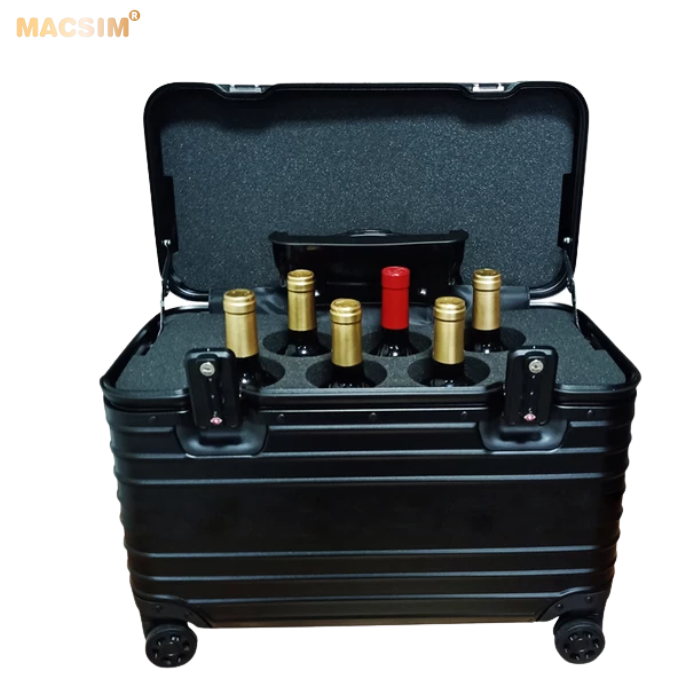 Vali hợp kim nhôm nguyên khối MS2205 đựng rượu Macsim cao cấp màu đen màu bạc cỡ 16 inches