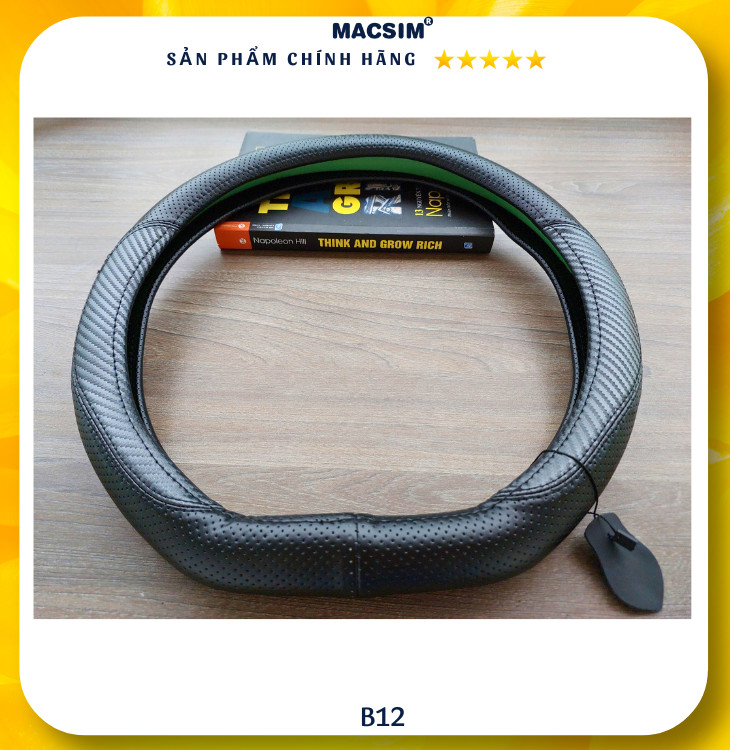 Bọc vô lăng ô tô Macsim mã DCUT B12 màu đen da thật cao cấp-khâu tay-lõi silicon