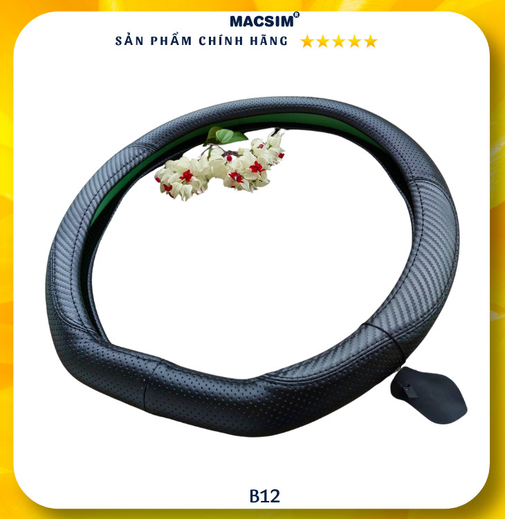 Bọc vô lăng ô tô Macsim mã DCUT B12 màu đen da thật cao cấp-khâu tay-lõi silicon