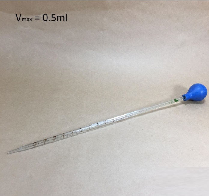 Pipet thủy tinh dài 30cm thể tích 0.5ml và quả bóp cao su