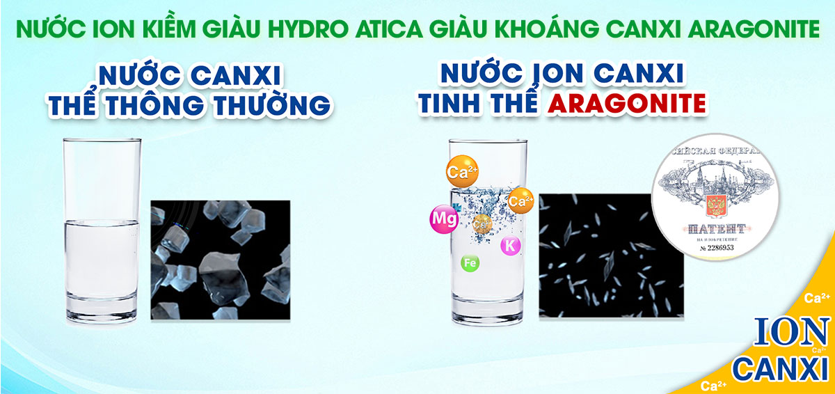 Nước ion kiềm Hydro Atica giàu khoáng Canxi