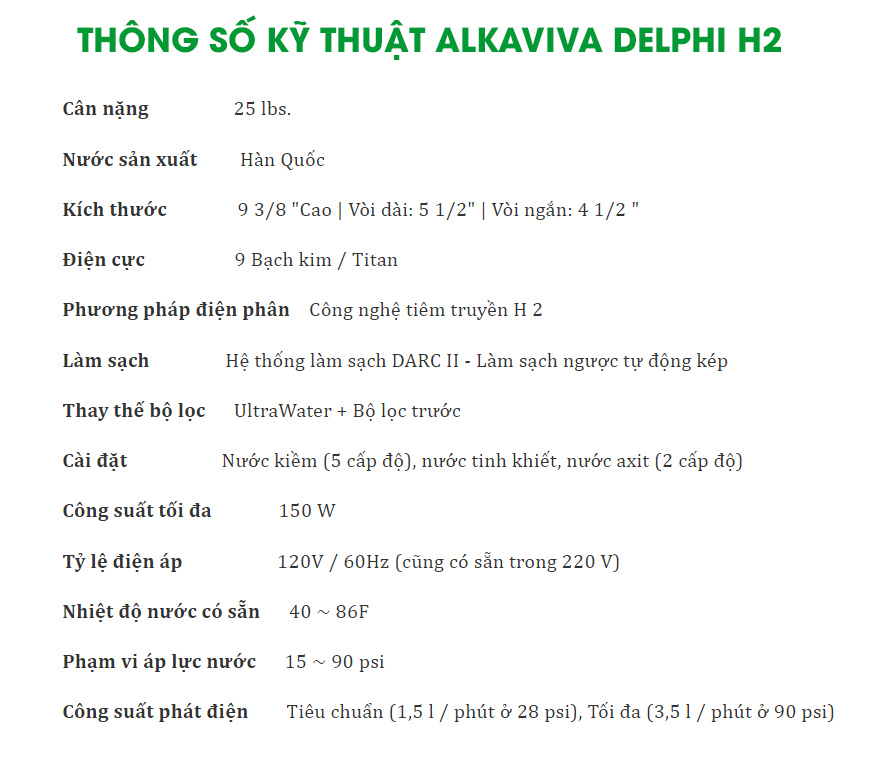 Thông số máy điện giải ion kiềm Alkaviva Delphi H2 t