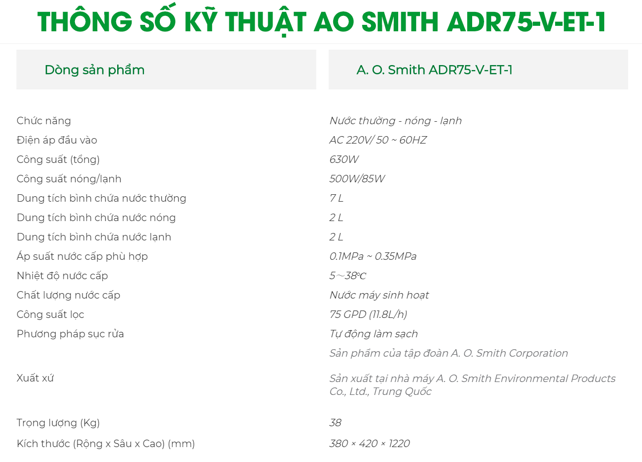 Thông số kỹ thuật ADR75-V-ET-1 AO Smith