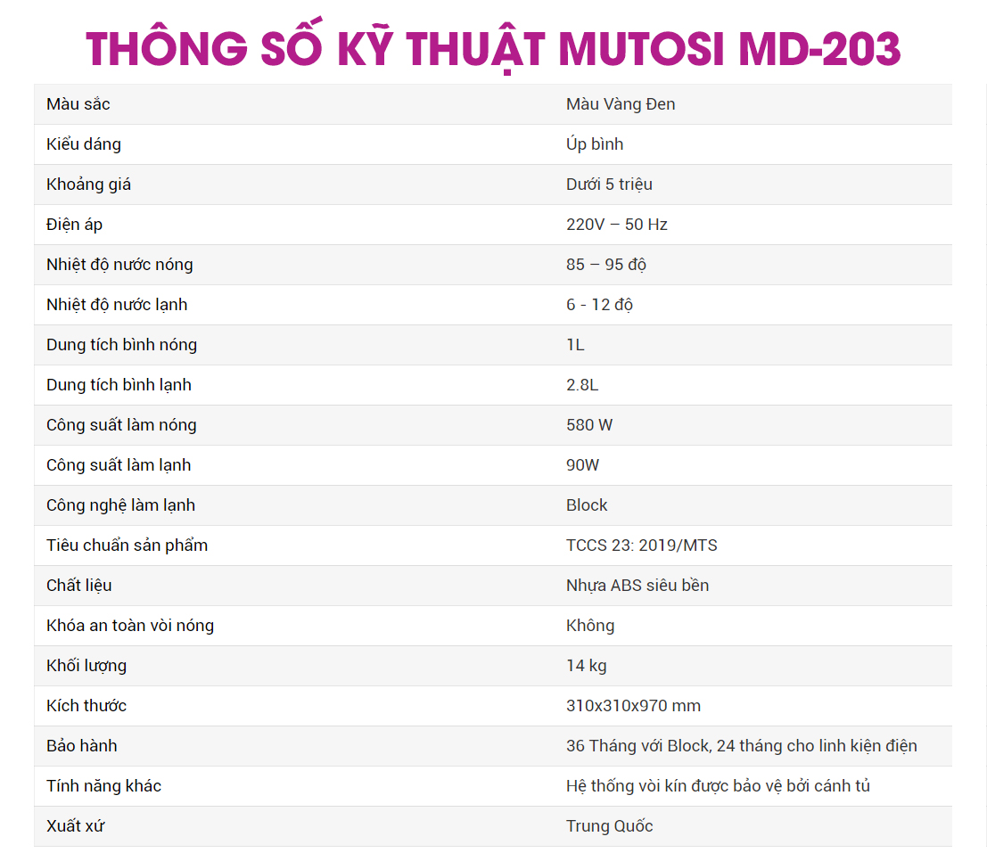 Thông số kỹ thuật Mutosi MD-203 chính hãng