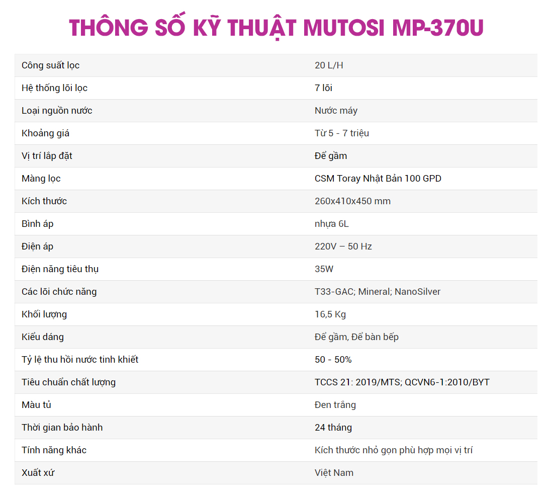 Thông số kỹ thuật Mutosi MP-370U tiêu chuẩn Nhật Bản